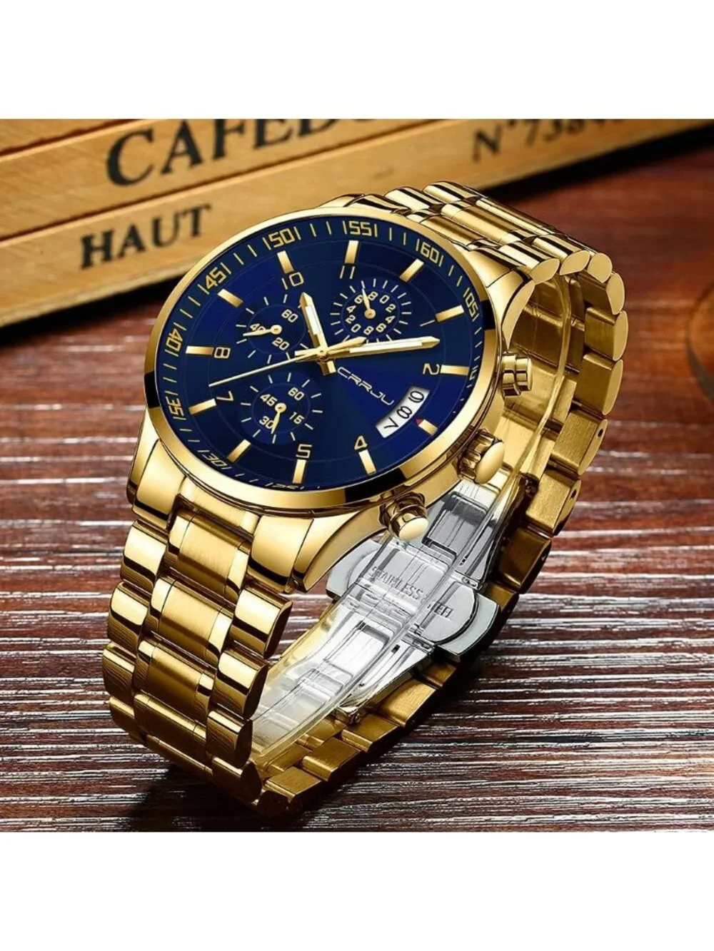 Men's Gold And Blue Analog Stainless Steel Waterproof Chronograph Wrist Watch